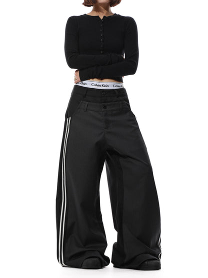 Double Waistband Stripe Patch Wide Leg Pants WN22096
