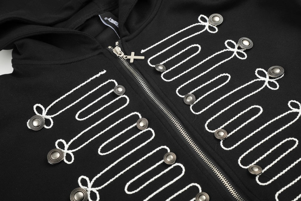 Knot Embroidery Metal Stud Cross Zipper Hoodie WN27796