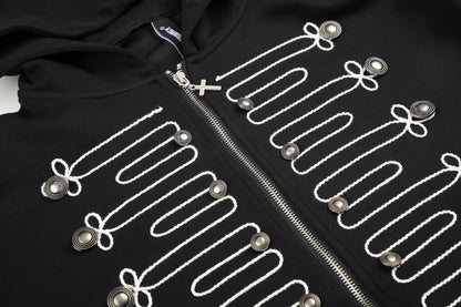 Knot Embroidery Metal Stud Cross Zipper Hoodie WN27796