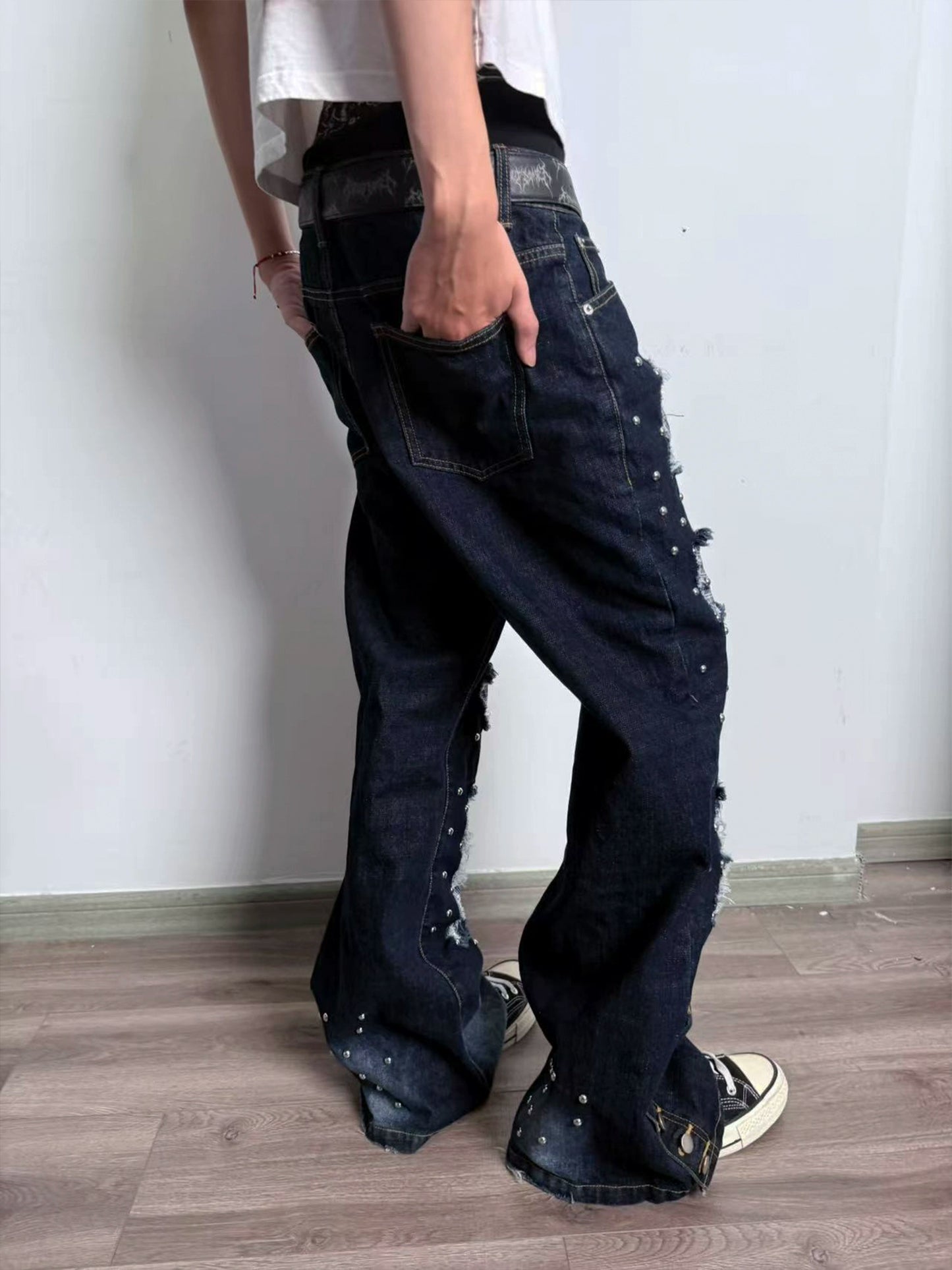 Hole Plaid Studs Flare Denim Jeans WN20909