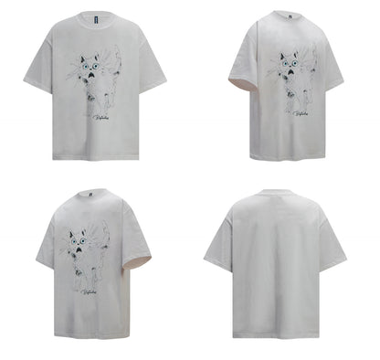 Surprised Cat Print Oversize Short Sleeve T-Shirt WN26358