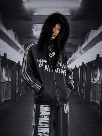 Print Fake Fur Zipper Hoodie & Print Wide Leg Sweatpants Setup WN22792