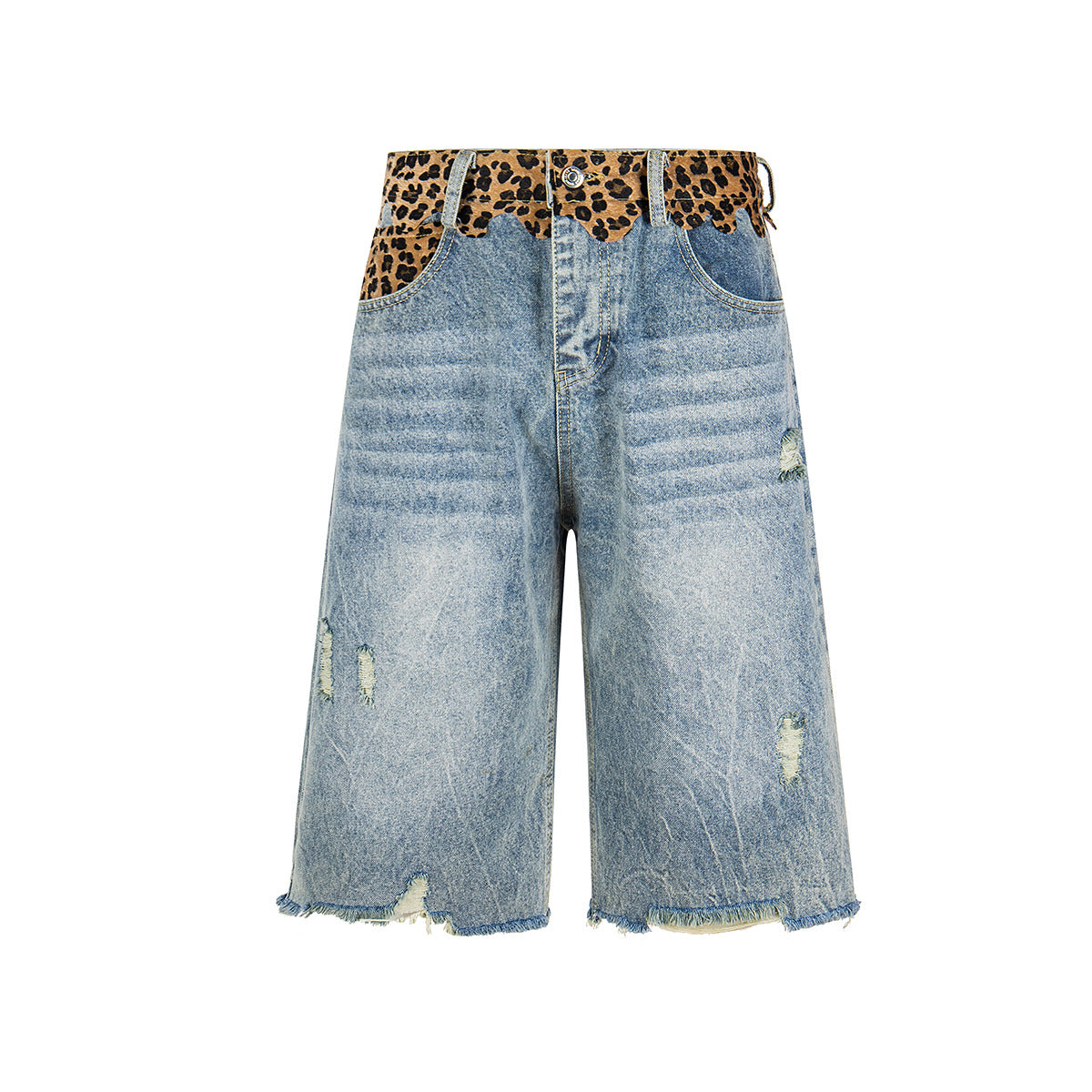 Leopard Print Damage Half Denim Jeans WN25462