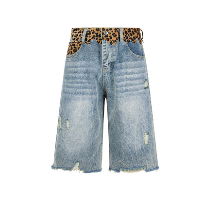 Leopard Print Damage Half Denim Jeans WN25462