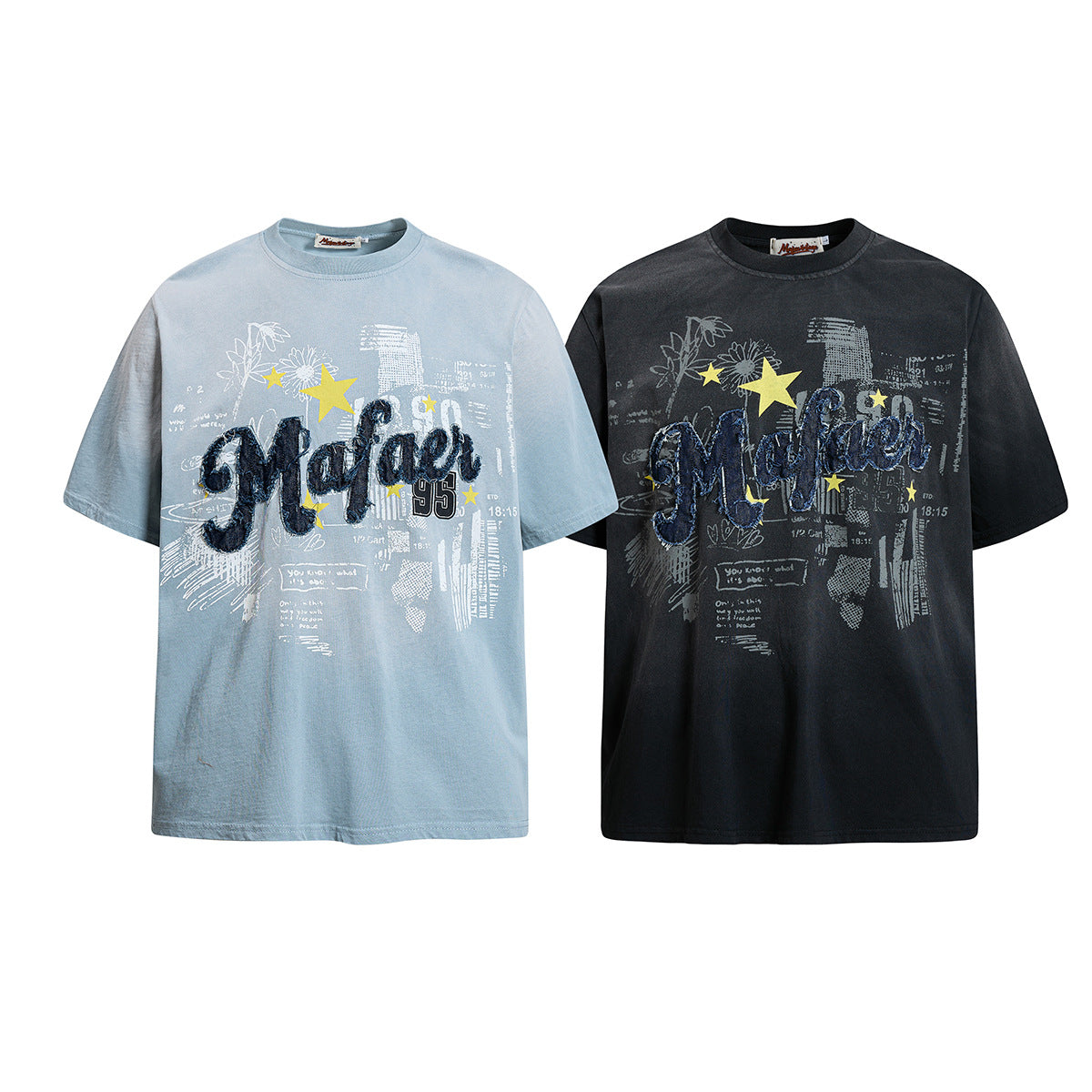 Star Applique Embroidery Washed Short Sleeve T-Shirt WN25651