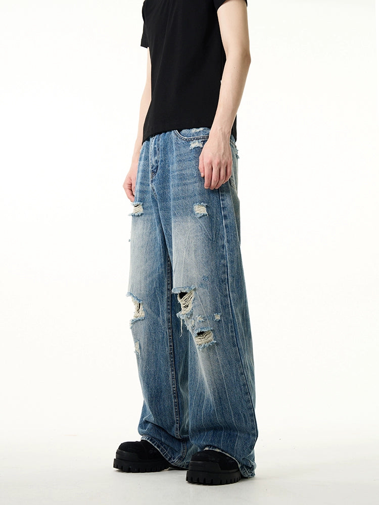 Damage Wide-Leg Straight Denim Jeans WN7643