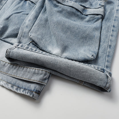 Multi-Pocket Washed Wide-Leg Cargo Denim Jeans WN11280