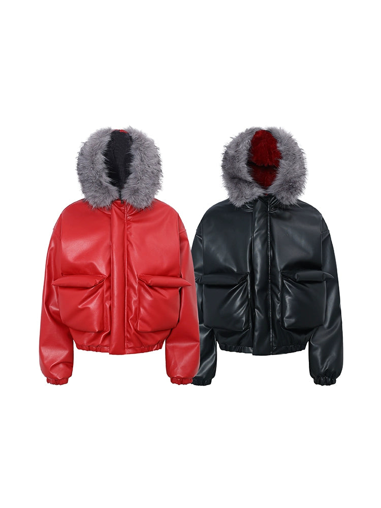Fake Fur Plush Thick PU Leather Padded Jacket WN22239