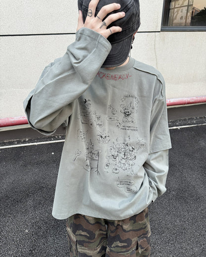 Fake Layered Back Graffiti Print Oversize Long Sleeve T-Shirt WN21154