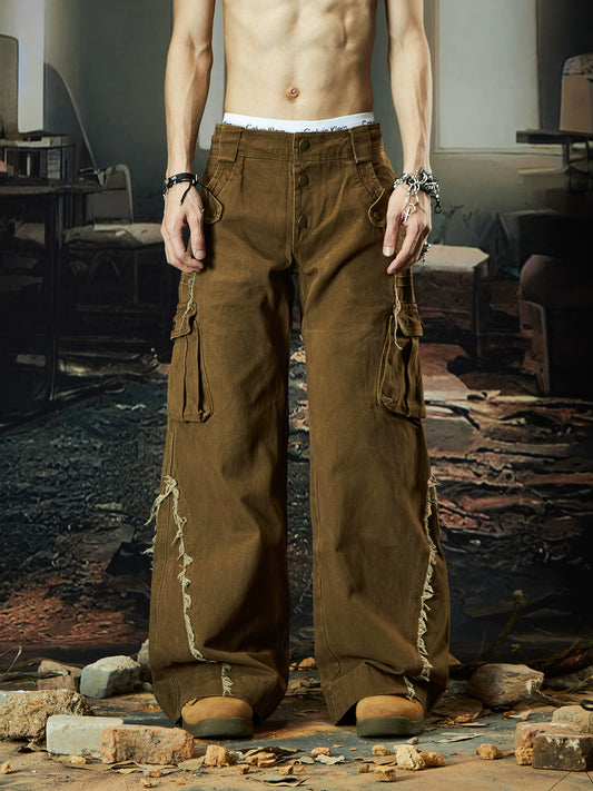 Washed Layered Raw Hem Pocket Button Low-Rise Denim Jeans WN18508