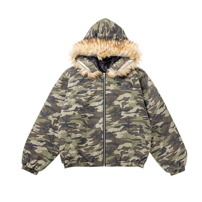 Camuflaje Chaqueta acolchada de cuello de piel desmontable WN11311