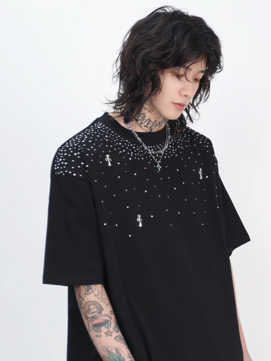 Oversize Rhinestone Cross Print Short Sleeve T-Shirt WN24445