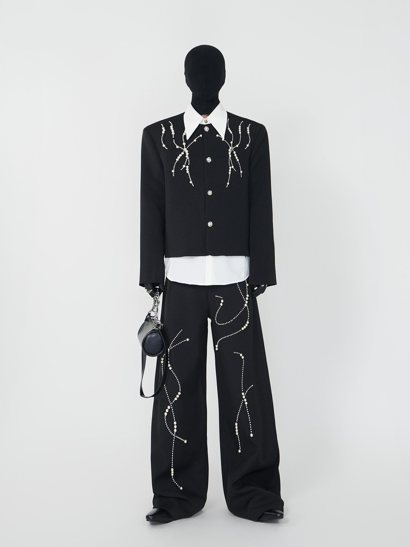 Shoulder-Pad Short Tailored Jacket & Pointed Collar Long Sleeve Shirt & Trousers Setup WN24147