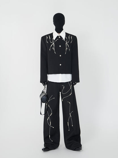 Shoulder-Pad Short Tailored Jacket & Pointed Collar Long Sleeve Shirt & Trousers Setup WN24147