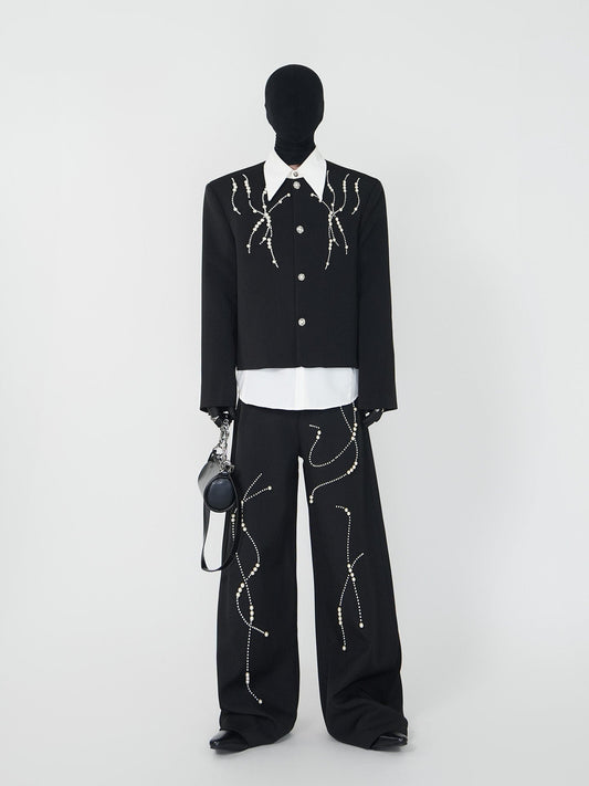 Shoulder-Pad Short Tailored Jacket & Pointed Collar Long Sleeve Shirt & Trousers Setup WN24147