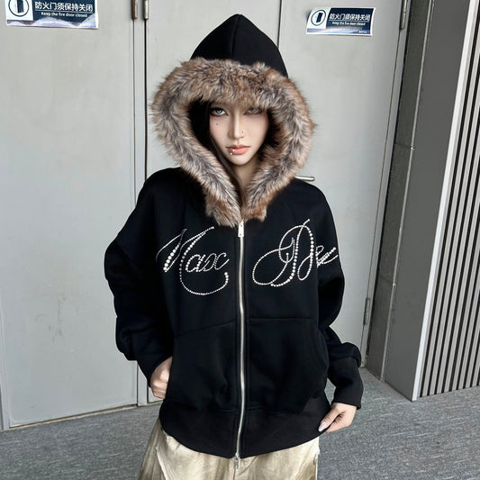 Fake Fur Hooded Rhinestone Letter Zipper Hoodie WN24165