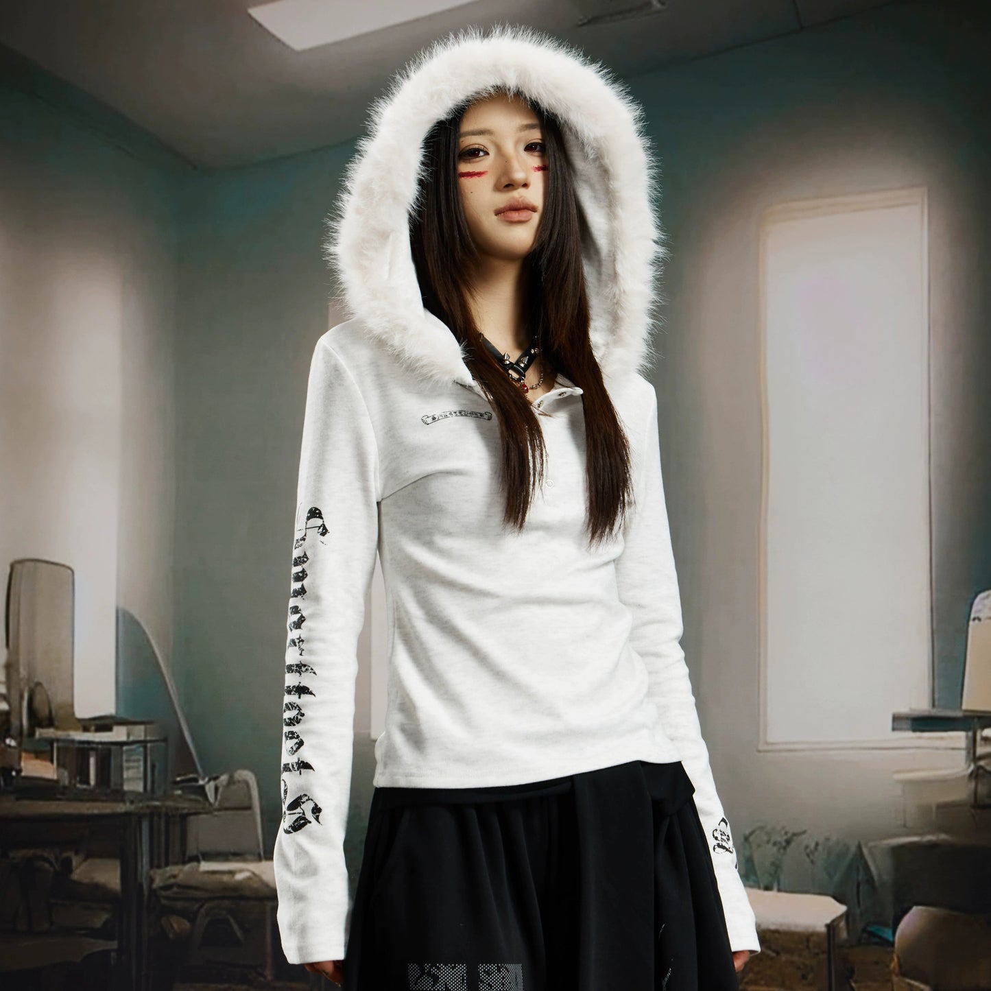 Letter Print Fake Fur Pullover Hoodie WN21375