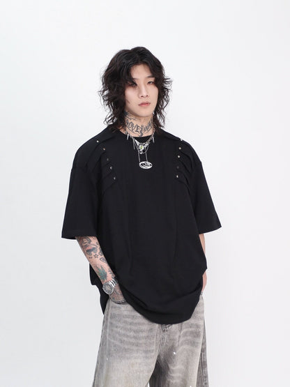 Metal Rivet Pleats Oversize Short Sleeve T-Shirt WN24410