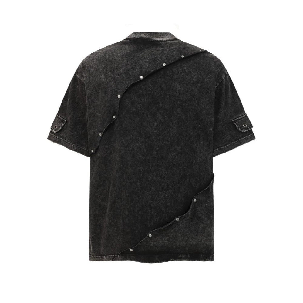 Metal Stud Patchwork Asymmetric Deconstructed Short Sleeve T-Shirt WN27906