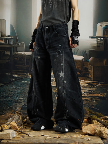 Star Print Washed Damage Wide Leg Denim Jeans WN22743