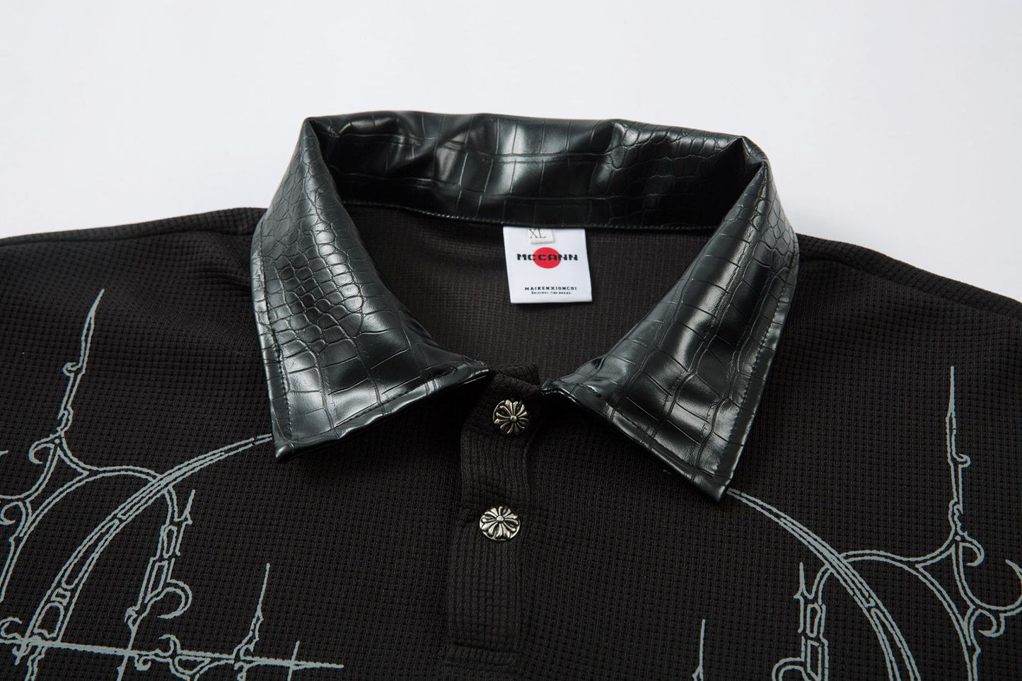 PU Leather Collar Thorn Print Fake Layered Long Sleeve Polo Shirt WN25550