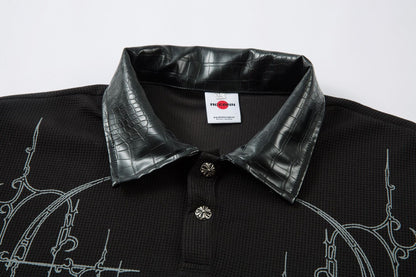 PU Leather Collar Thorn Print Fake Layered Long Sleeve Polo Shirt WN25550