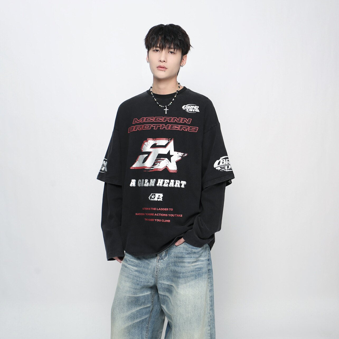 Graphic Paint Print Fake Layered Oversize Long Sleeve T-Shirt WN24420