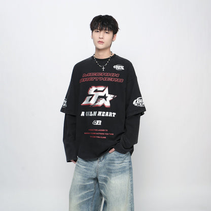 Graphic Paint Print Fake Layered Oversize Long Sleeve T-Shirt WN24420