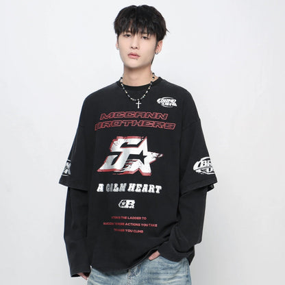 Spray Letter Print Fake Layered Long Sleeve T-Shirt WN21048