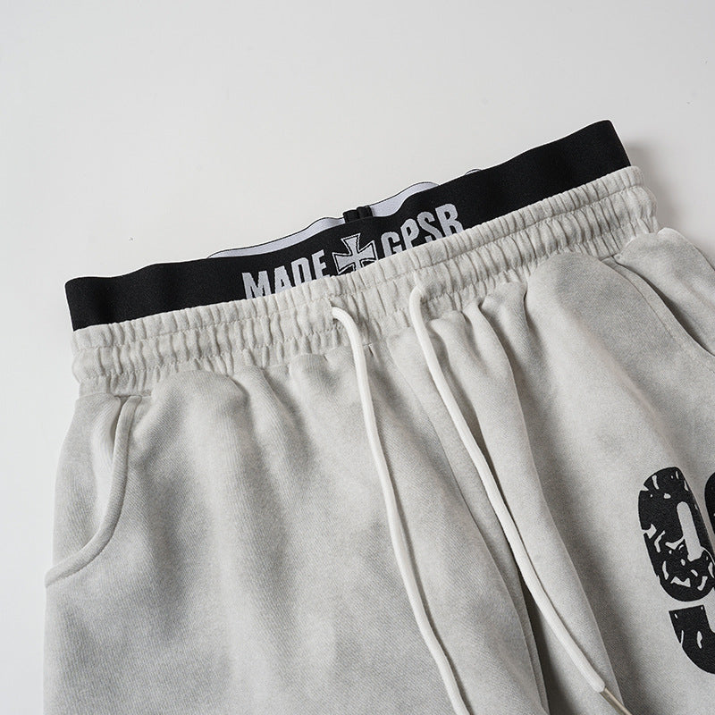 Washed Double Waist Print Wide Leg Sweatpants WN27834
