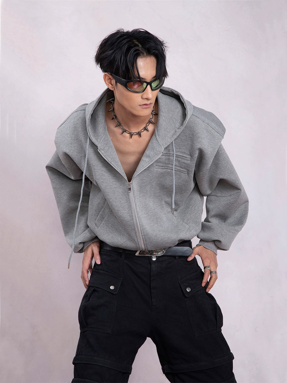 Shoulder Pad Short Zipper Hoodie & Wide-Leg Sweatpants Setup WN9335