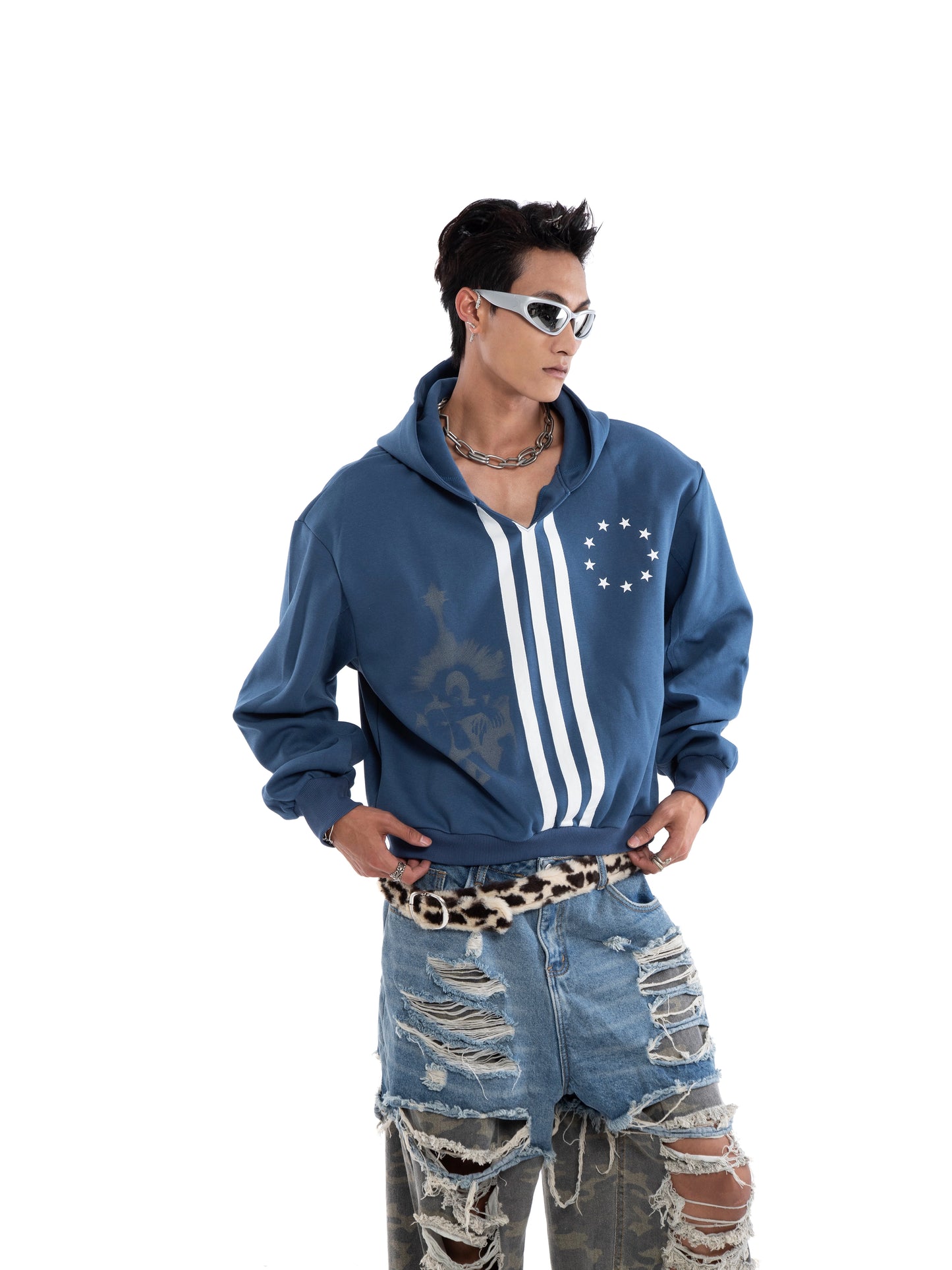 Flag Print V-Neck Oversize Hoodie WN20647