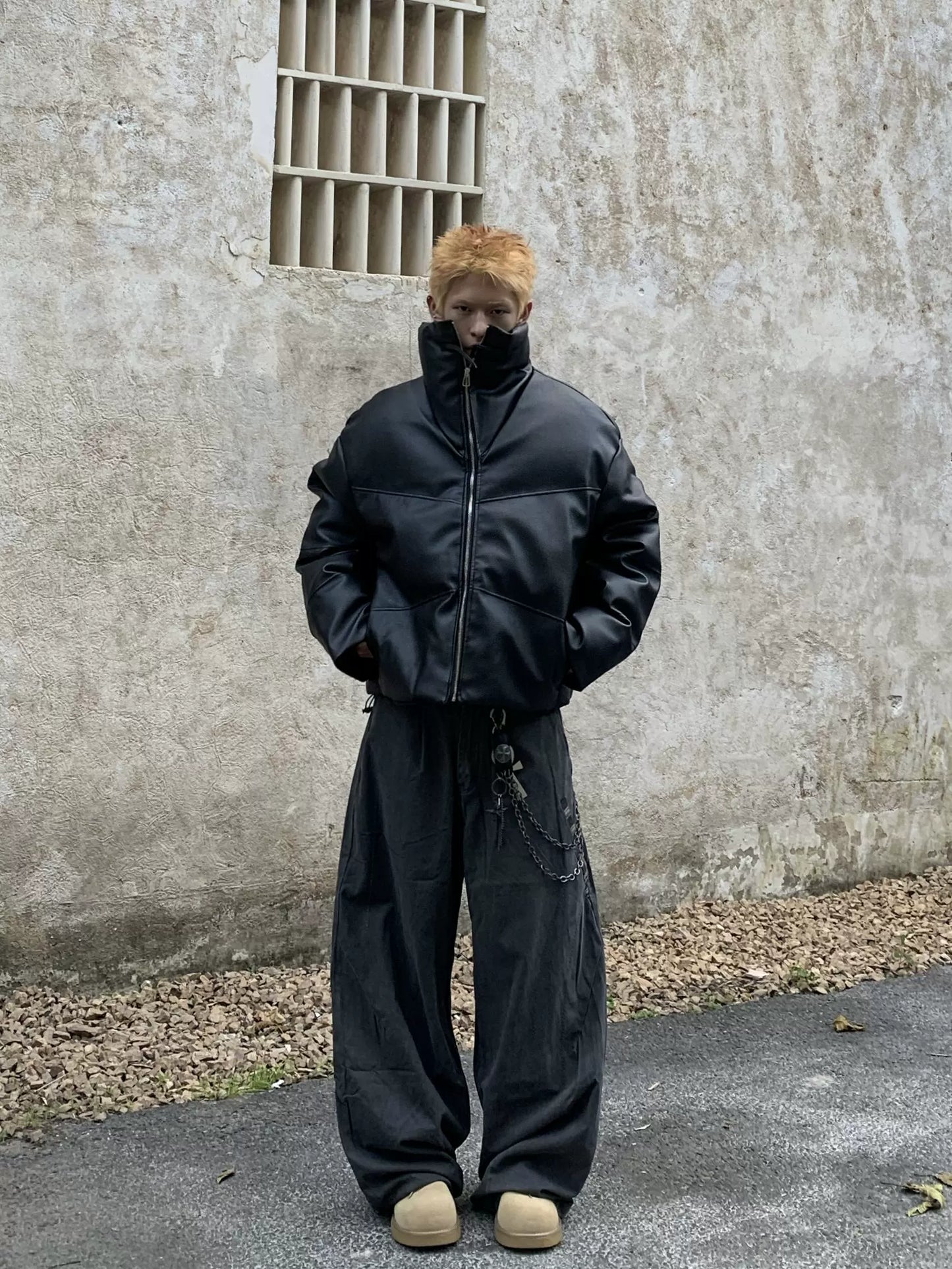 Stand Neck Short Thick PU Leather Puffer Jacket WN22233