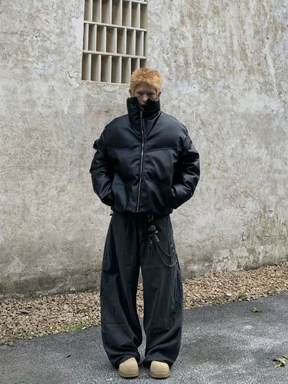 Stand Neck Short Thick PU Leather Puffer Jacket WN22233