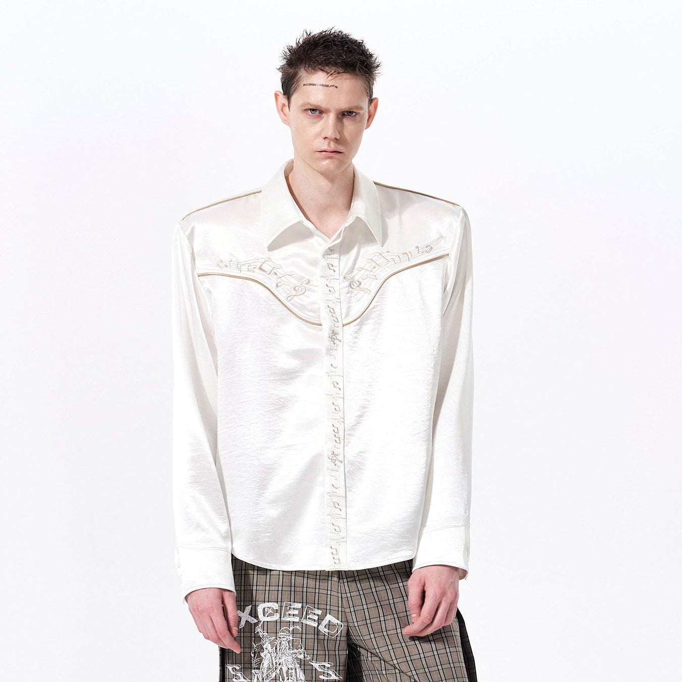 Draped Wrinkle-Resistant Note Embroidery Shoulder-Pad Long Sleeve Shirt WN23276