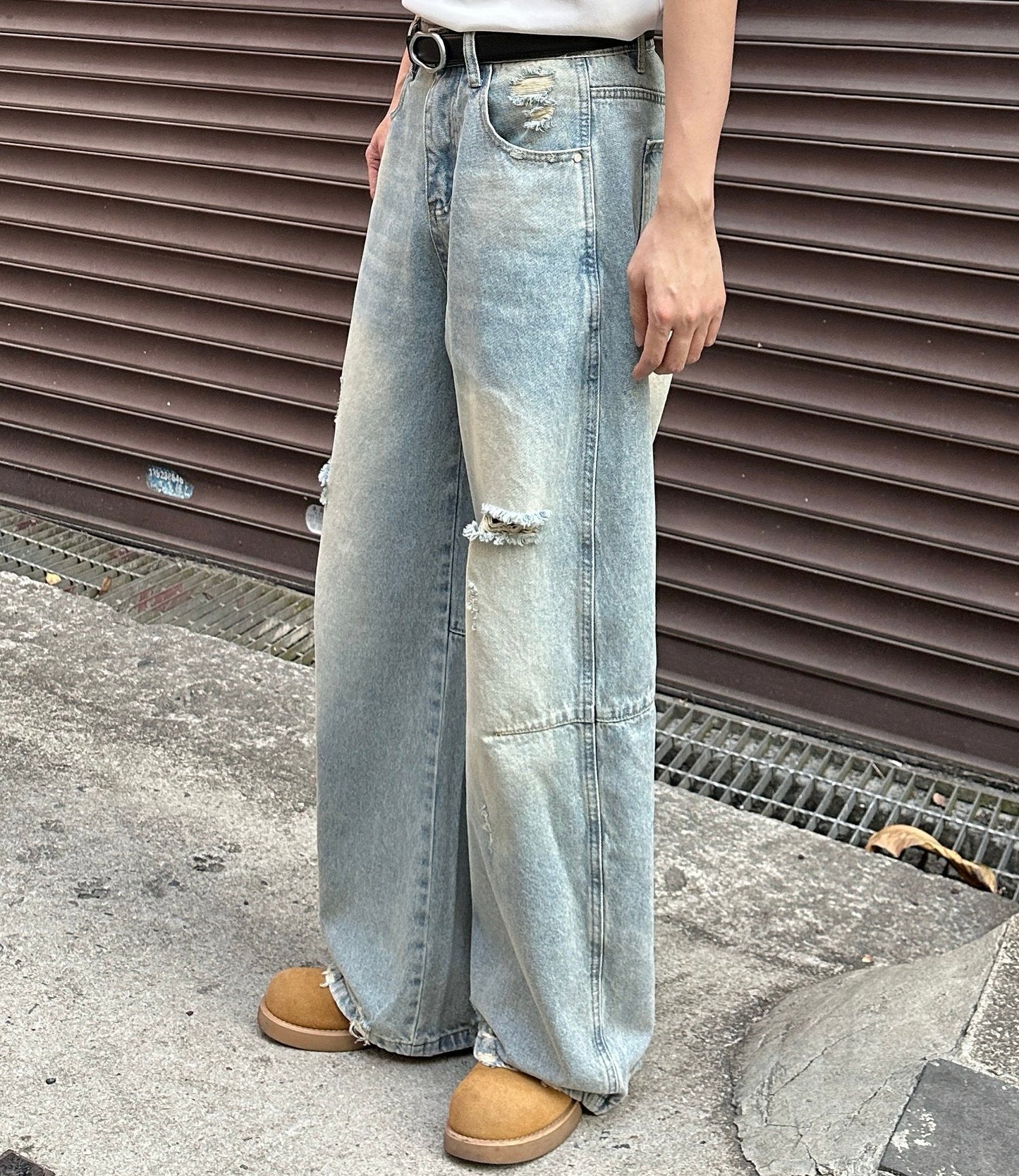 Wash Damage Wide Leg Long Denim Jeans WN25261
