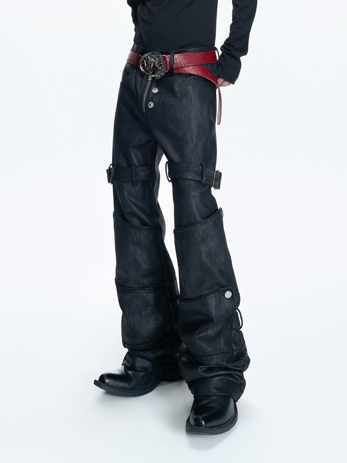 Waxed Damage Metal Button Flare Denim Jeans WN23547