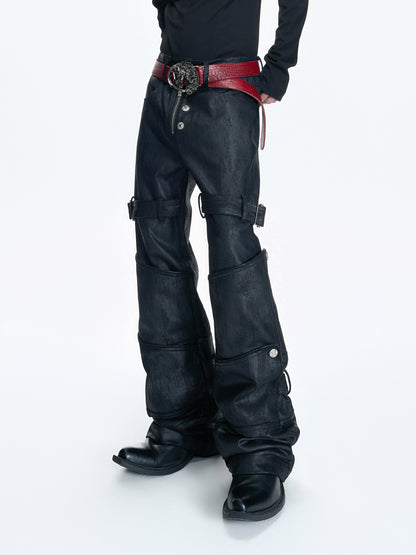 Waxed Damage Metal Button Flare Denim Jeans WN23547