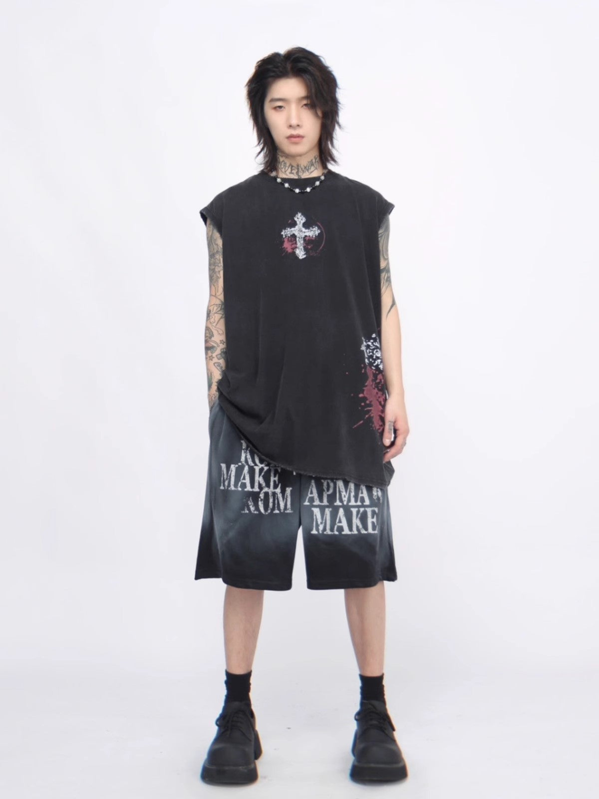 Washed Cross Print Sleeveless T-shirt WN6560