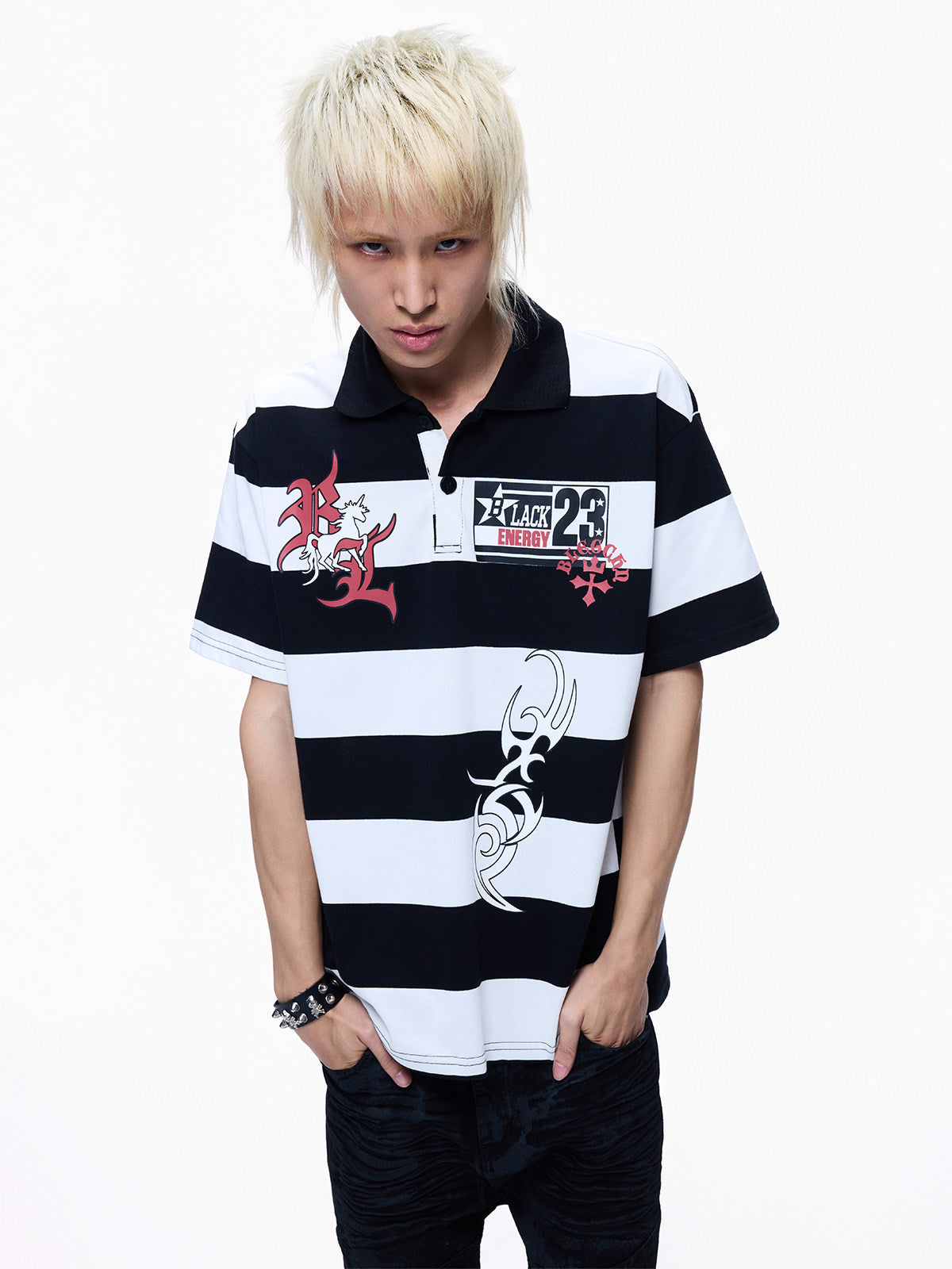 Polo Collar Stripe Print Oversize Short Sleeve T-Shirt WN27281