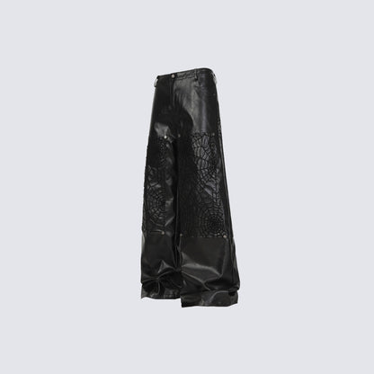 Shoulder-Pad Spider Web PU Leather Jacket Wide Leg Pants Setup WN27913