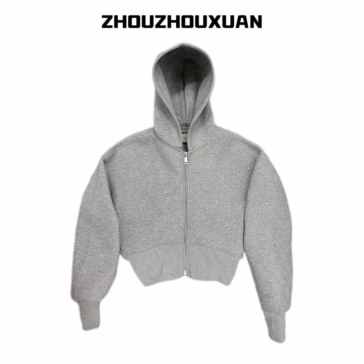 Rhinestone Star Short Zipper Hoodie WN20712