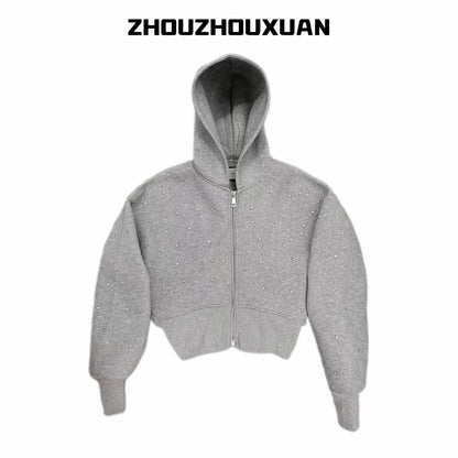 Rhinestone Star Short Zipper Hoodie WN20712