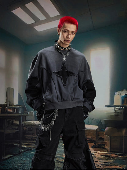 Deconstructed Patchwork Star Raw Hem Oversize Sweatshirt WN20573