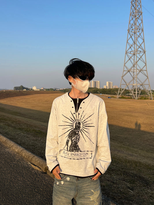 Graphic Print Button Detail Long Sleeve T-Shirt WN24040