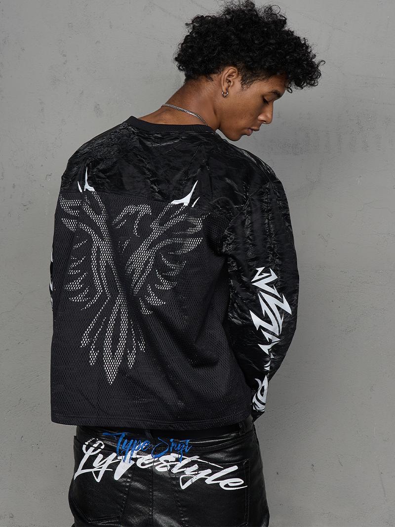 Velvet Texture Mesh Hollow Print Long Sleeve T-Shirt WN20988