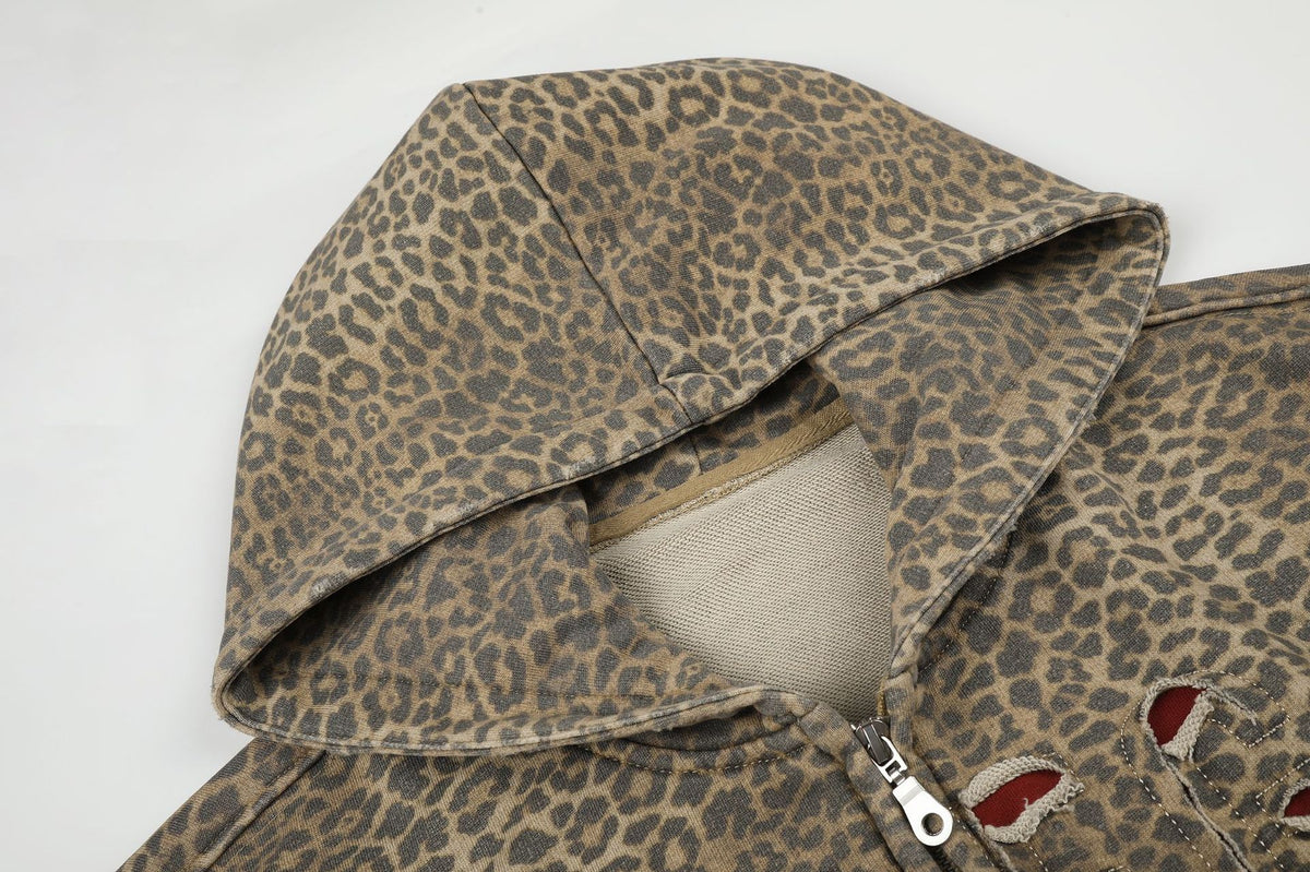 Leopard Cutout Damage Letter Zipper Hoodie WN28110