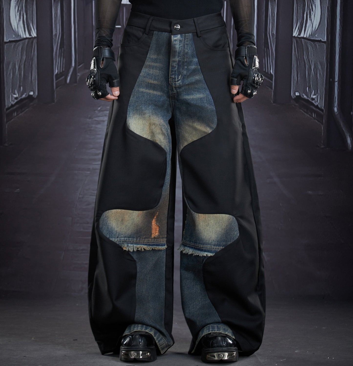 Deconstruct Patchwork Wash Straight Denim Jeans WN22884