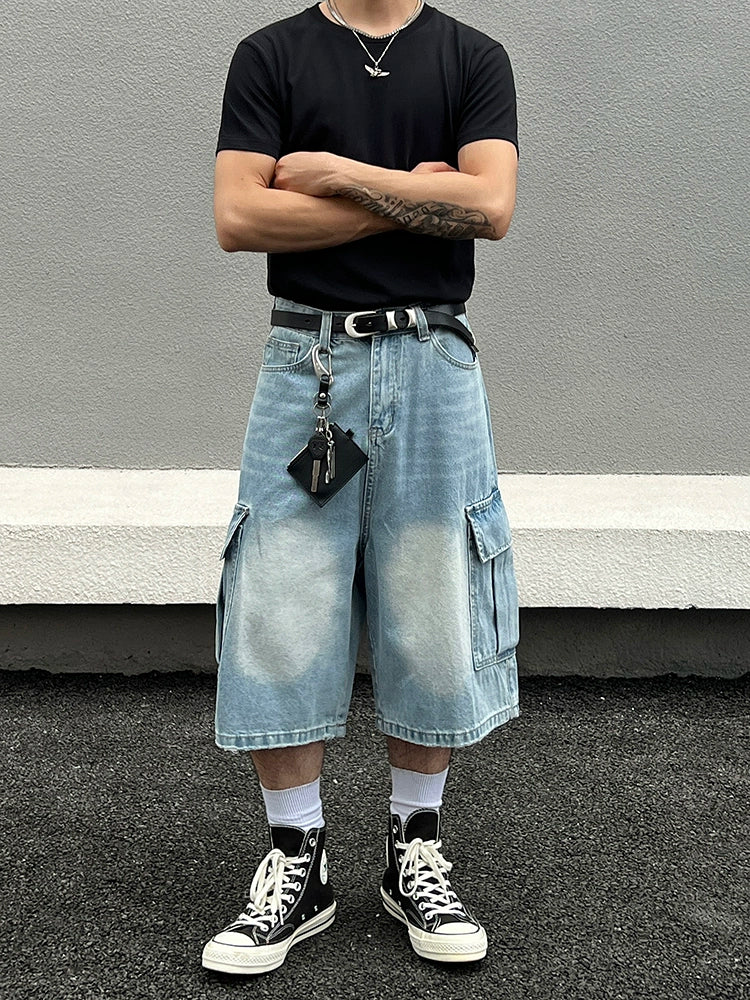 Washed Light Blue Multi-Pocket Wide Leg Denim Half Pants WN19555