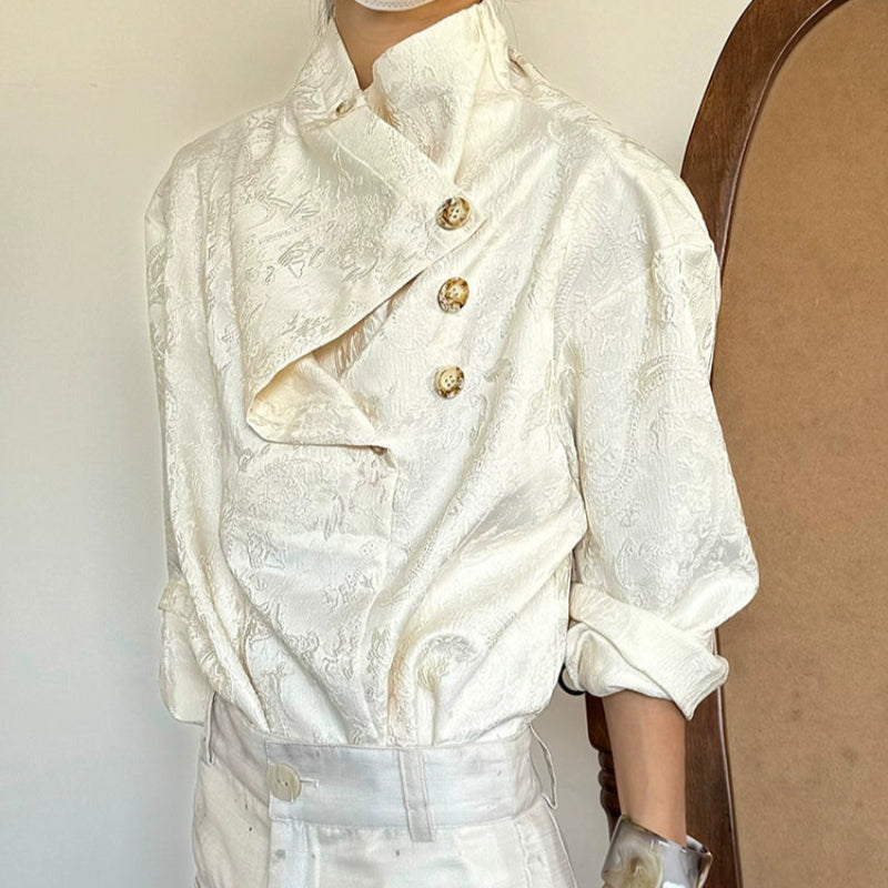 Embroidery Jacquard Asymmetrical Long Sleeve Shirt WN19942